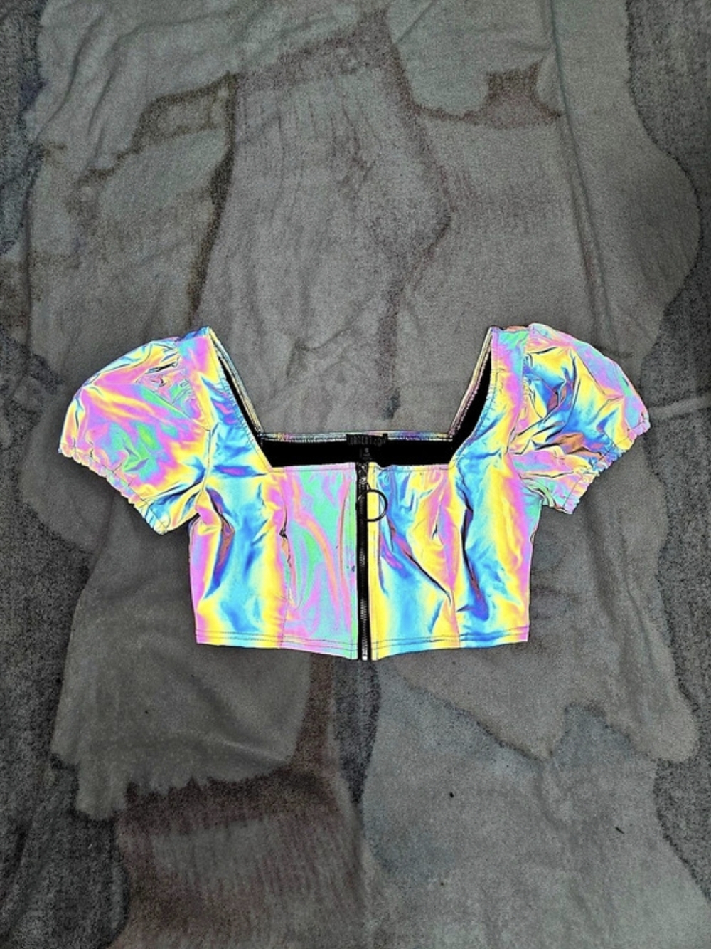 Current Mood Rainbow Reflective Puff Sleeve Crop Top